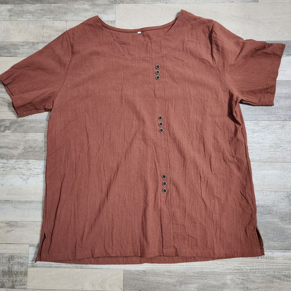 Women's L 100% Cotton Tunic Top Short Sleeve Terracotta Earthy Linen Look Casual